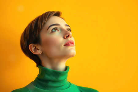 Young woman looking upwards in a vibrant yellow studio setting.の素材
