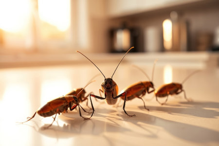 Several cockroaches moving across a bright, reflective kitchen countertop.の素材