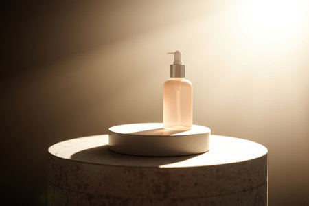A translucent amber lotion bottle rests on a circular pedestal in soft light.の素材