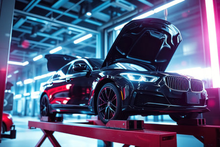 A black car is being inspected and repaired in a brightly lit garage.の素材