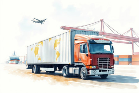 A large truck transporting goods across the globe via shipping and air transport.の素材