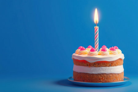 A vibrant birthday cake with a lit candle on blue background.の素材