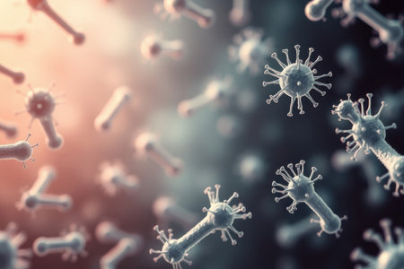 Close-up view of numerous viruses and cellular structures in a lab setting.の素材