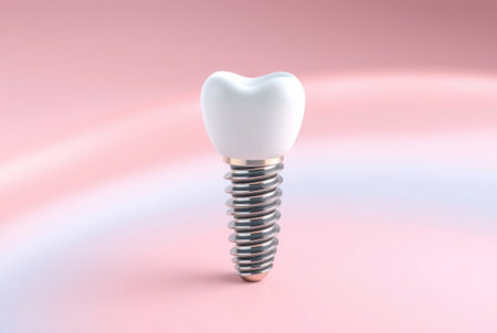 Close-up shot of a titanium dental implant with a white crown on a pink background.の素材