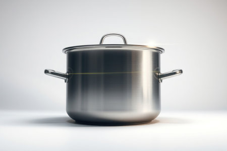 A glaming stainless steel cooking pot sits on a white surface.の素材