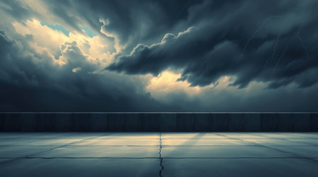 A desolate concrete surface reflecting a dramatic stormy sky with lightning.の素材