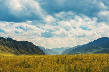 Prairie among the mountains. The valley is far away in the blue mountains. Natural Landscapes.の写真素材