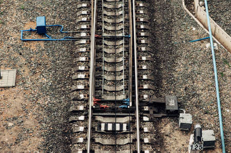 Railroad tracks, Switch,  rails - top view. Pattern.の写真素材