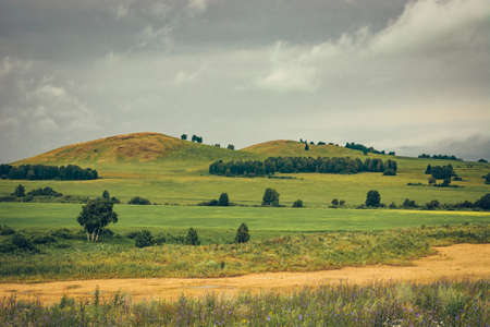 A hilly green landscape with a dirt road, trees and a cloudy gray sky.の写真素材