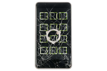 Modern broken phone with inscription ERROR on white background. Green guad symbols on screen. Piece of iron on display. Isolated.の写真素材