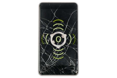 Modern broken phone with green symbols on screen on white background. Piece of iron on display. Isolated.の写真素材