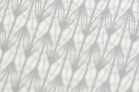 Shadow from patterned tulle falls on white wooden surface. Patterned picture on wooden white background.の写真素材