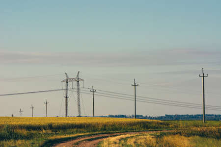 Dirty road through field under electric wires. Power lines pass through green and yellow fields....