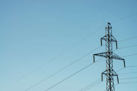 Posts with wires of high voltage on background of blue sky in sunlight. Background image of many wires in sky with copy space. Group of power lines.の写真素材