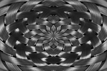Symmetrical silver metallic wicker texture close-up. Detail background of volume steel surface....