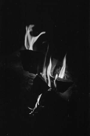 Beautiful flames of fire in night on film. Minimalist evening campfire in darkness. Atmospheric...