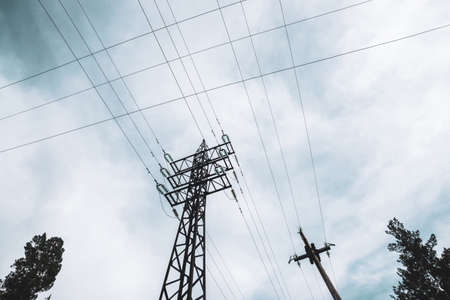 High voltage power lines among trees under cloudy sky. Electricity distribution tower in forest with...