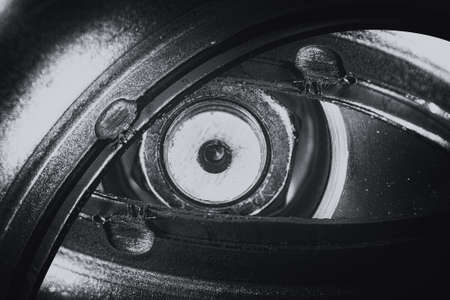 Unusual robotic eye in steampunk style in grayscale. Focused robot look. Monochrome background...