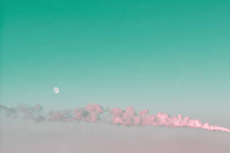 Horizontal thick smoke from smokestack in sky. Dense smog in atmosphere on moon background with copy...