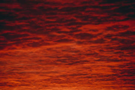 Fiery red blood vampire dawn. Amazing warm dramatic fire cloudy sky. Vivid orange sunlight. Atmospheric background of sunrise in overcast weather. Hard cloudiness. Storm clouds warning. Copy space.の写真素材