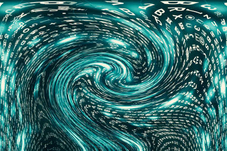 Blue matrix digital background. Distorted cyberspace concept. Characters fall down in wormhole....