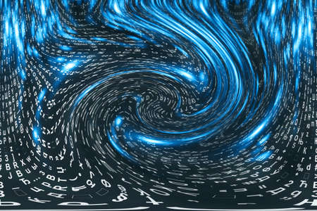 Blue matrix digital background. Distorted cyberspace concept. Characters fall down in wormhole....