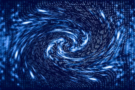 Blue matrix digital background. Distorted cyberspace concept. Characters fall down in wormhole....
