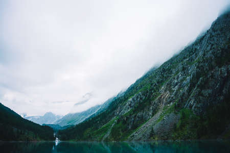 Ghostly forest near mountain lake in early morning. Mountain creek flows into lake. Ripple on smooth water surface. Low clouds. Dark calm atmospheric misty woodland landscape. Tranquil atmosphere.の写真素材