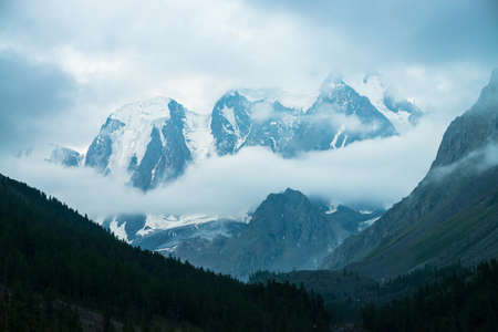 Low cloud before huge glacier. Giant snowy rocky mountains under cloudy sky. Thick fog in mountains above forest at early morning. Impenetrable fog. Dark atmospheric landscape. Tranquil atmosphere.の写真素材