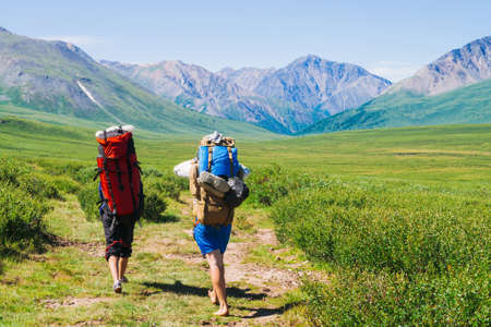 Travelers with large backpacks go on footpath in green valley to wonderful giant mountains with...