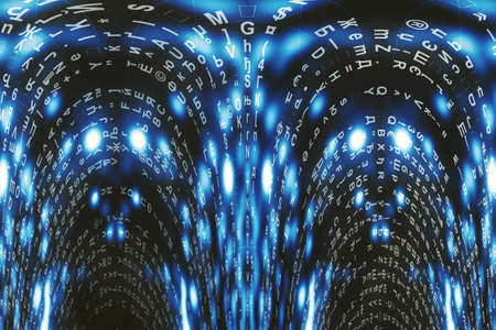 Blue matrix digital background. Distorted cyberspace concept. Characters fall down. Matrix from...