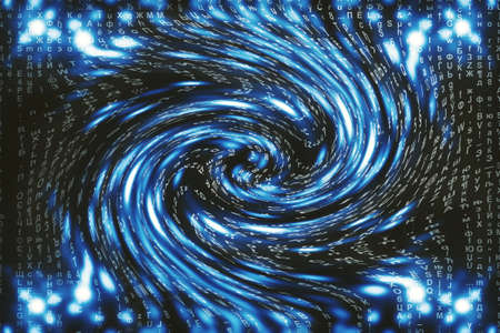 Blue matrix digital background. Distorted cyberspace concept. Characters fall down in wormhole....
