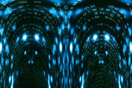 Blue green matrix digital background. Distorted cyberspace concept. Green characters fall down....
