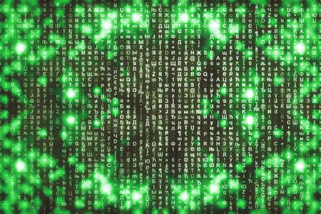 Green matrix digital background. Abstract cyberspace concept. Characters fall down. Matrix from symbols stream. Virtual reality design. Complex algorithm data hacking. Green digital sparks.の写真素材
