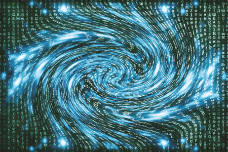 Blue matrix digital background. Distorted cyberspace concept. Characters fall down in wormhole....