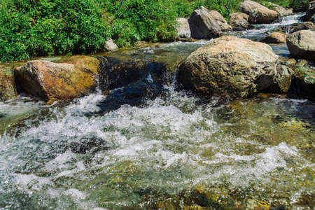 Mountain creek with big boulders near green meadow in sunny day. Clean water stream in fast brook in...