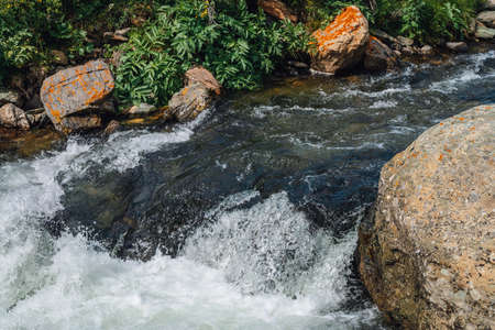 Big boulders in mountain creek close-up. Rapids of river with copy space. Fast water stream along beautiful vegetation. Fast flow near wet stones. Background of clean waves. Rich flora of highlands.の写真素材