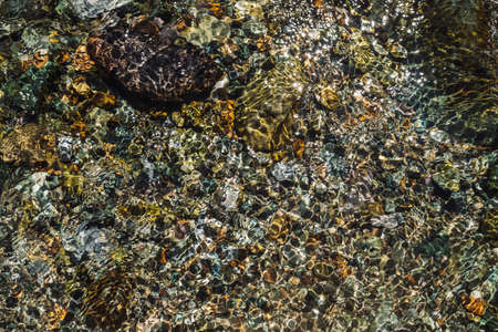 Varicolored detailed texture of stony bottom of transparent brook close up. Clean water in mountain...