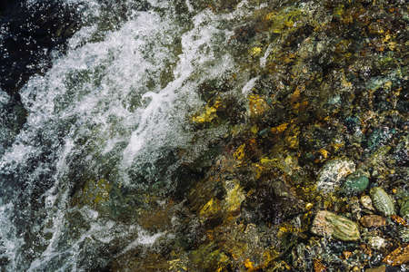 Varicolored detailed texture of stony bottom of transparent brook close up. Clean water in mountain...