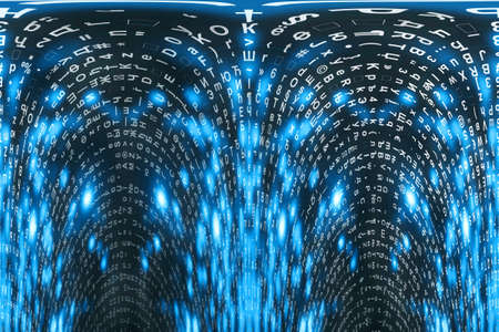 Blue matrix digital background. Distorted cyberspace concept. Characters fall down. Matrix from symbols stream. Virtual reality design. Complex algorithm data hacking. Cyan digital sparks.の写真素材