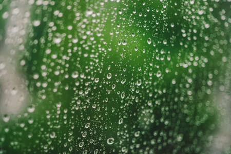 Window glass with drops of rain. Atmospheric green background with raindrops in bokeh. Droplets close up. Detailed transparent texture in macro with copy space. Rainy weather. Insulation concept.の写真素材