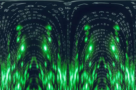 Green blue matrix digital background. Distorted cyberspace concept. Characters fall down. Matrix from symbols stream. Virtual reality design. Complex algorithm data hacking. Green digital sparks.の写真素材