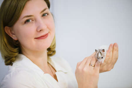 Girl holds white furry little mouse on white background. Cute young mice in hands of vet. Small white rat with brown spots. Beautiful curious spotted mouse. Shy pet at veterinarian. Funny animal.の写真素材