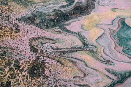 Abstract image of viruses in macro. Artistic concept of coronavirus. Fluid art background with black virus stains. Dirty microbe effect of acrylic paints. Liquid ink texture. Corona virus outbreak.の写真素材