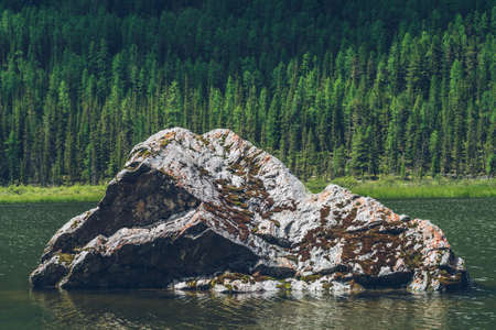 Meditative view to big mossy stone closeup in beautiful green lake on forest mountain background. Atmospheric alpine green landscape with big stone and ripples in lake surface. Scenic relaxing place.の写真素材