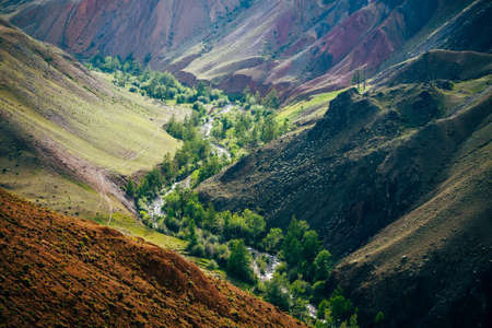 Beautiful mountain river and green trees in valley between multicolor clay hills. Scenic landscape with mountain creek in colorful canyon and vivid multi-color mountains. Picturesque mountains sceneryの写真素材