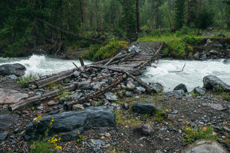 Atmospheric rainy landscape with forest and bridge over mountain river. Dark forest scenery with powerful river in rain. Bridge across mountain river in rainfall. Mountain creek in rainy weather.の写真素材