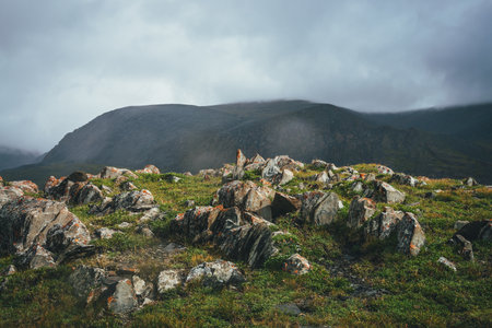 Dramatic mountain landscape with sharp stones with orange lichen on green hill under cloudy sky in rainy weather. Atmospheric alpine scenery with pointy rocks on hill under low clouds in overcast sky.の写真素材