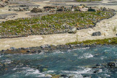 Sunny alpine landscape with confluence of two various mountain rivers. Beautiful clear creek flows into dirty river. Colorful mountain scenery with confluence of two different rivers among rich flora.の写真素材