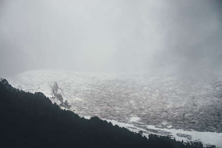 Atmospheric winter landscape with dark forest and snow-covered mountain in overcast weather. Monochrome gloomy scenery with black forest silhouette and white snowy mountain top in gray low clouds.の写真素材